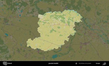 Sredzki İlçesi. Polonya 'nın idari alanı karanlık bir OpenStreetMap İnsani Haritası' na vurgulandı ve özetlendi