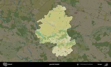 Sredzki İlçesi. Polonya 'nın idari alanı karanlık bir OpenStreetMap İnsani Haritası' na vurgulandı ve özetlendi