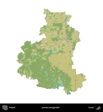 Starogardzki İlçesi. Polonya idari bölgesi bir OpenStreetMap İnsani Haritası haritasında beyaza izole edildi