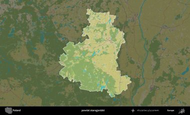 Starogardzki İlçesi. Polonya 'nın idari alanı karanlık bir OpenStreetMap İnsani Haritası' na vurgulandı ve özetlendi