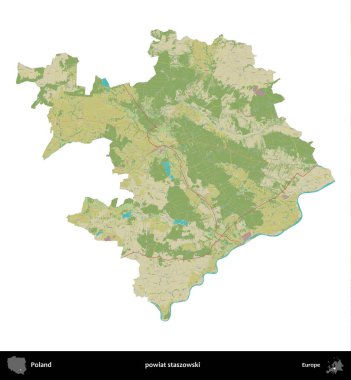 Staszowski İlçesi. Polonya idari bölgesi bir OpenStreetMap İnsani Haritası haritasında beyaza izole edildi