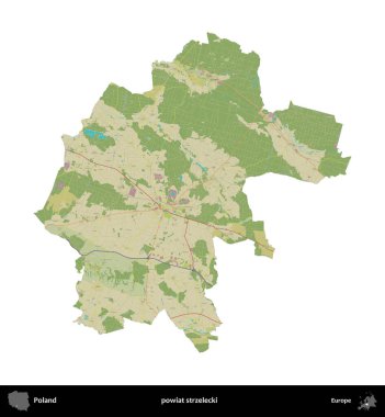 Strzelecki İlçesi. Polonya idari bölgesi bir OpenStreetMap İnsani Haritası haritasında beyaza izole edildi
