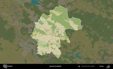 Strzelecki İlçesi. Polonya 'nın idari alanı karanlık bir OpenStreetMap İnsani Haritası' na vurgulandı ve özetlendi