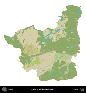 Strzelecko-drezdenecki İlçesi. Polonya idari bölgesi bir OpenStreetMap İnsani Haritası haritasında beyaza izole edildi