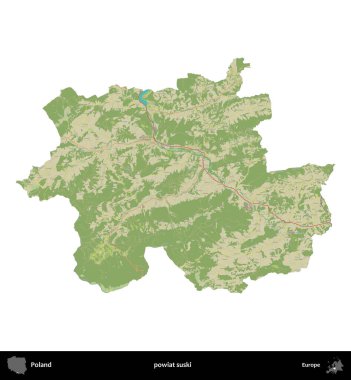 Suski ilçesi. Polonya idari bölgesi bir OpenStreetMap İnsani Haritası haritasında beyaza izole edildi