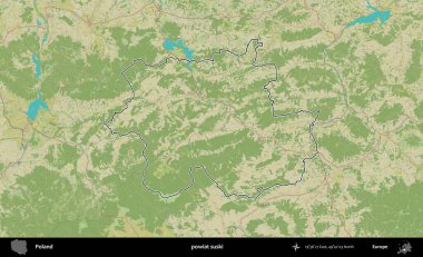 Suski ilçesi. Polonya 'nın idari alanı bir OpenStreetMap İnsani Harita stil haritasında özetlendi
