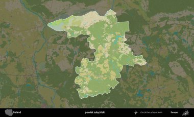 Sulecinski İlçesi. Polonya 'nın idari alanı karanlık bir OpenStreetMap İnsani Haritası' na vurgulandı ve özetlendi
