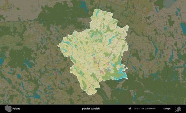 Suwalski İlçesi. Polonya 'nın idari alanı karanlık bir OpenStreetMap İnsani Haritası' na vurgulandı ve özetlendi