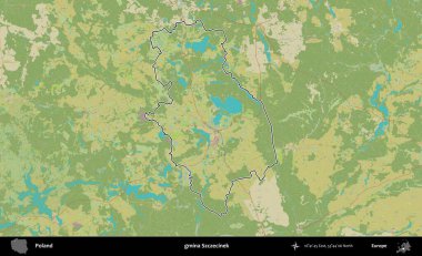 Szczecinek Komünü. Polonya 'nın idari alanı bir OpenStreetMap İnsani Harita stil haritasında özetlendi