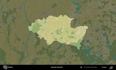 Sztumski İlçesi. Polonya 'nın idari alanı karanlık bir OpenStreetMap İnsani Haritası' na vurgulandı ve özetlendi