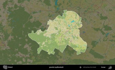 Szydlowiecki İlçesi. Polonya 'nın idari alanı karanlık bir OpenStreetMap İnsani Haritası' na vurgulandı ve özetlendi