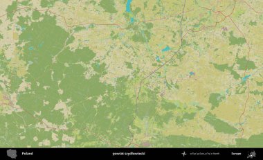 Szydlowiecki İlçesi. Bir OpenStreetMap İnsani Haritası üzerinde Polonya 'nın idari alanı