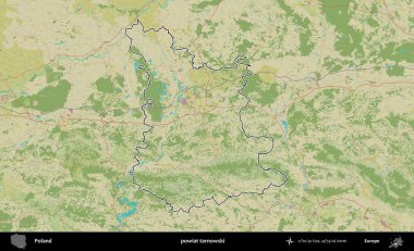 Tarnowski İlçesi. Polonya 'nın idari alanı bir OpenStreetMap İnsani Harita stil haritasında özetlendi
