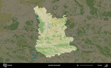 Tarnowski İlçesi. Polonya 'nın idari alanı karanlık bir OpenStreetMap İnsani Haritası' na vurgulandı ve özetlendi