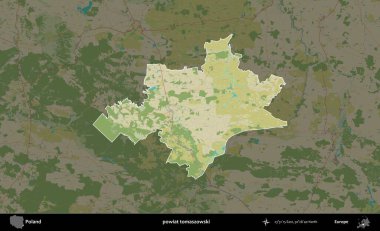 Tomaszowski İlçesi. Polonya 'nın idari alanı karanlık bir OpenStreetMap İnsani Haritası' na vurgulandı ve özetlendi