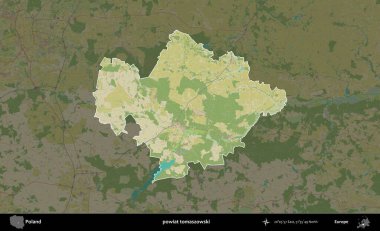 Tomaszowski İlçesi. Polonya 'nın idari alanı karanlık bir OpenStreetMap İnsani Haritası' na vurgulandı ve özetlendi
