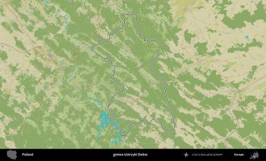Ustrzyki Dolne Komünü. Polonya 'nın idari alanı bir OpenStreetMap İnsani Harita stil haritasında özetlendi
