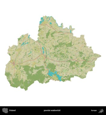 Wadowicki ilçesi. Polonya idari bölgesi bir OpenStreetMap İnsani Haritası haritasında beyaza izole edildi