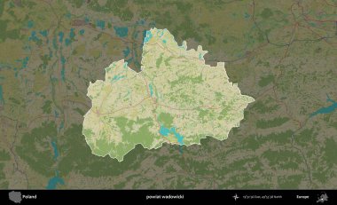 Wadowicki ilçesi. Polonya 'nın idari alanı karanlık bir OpenStreetMap İnsani Haritası' na vurgulandı ve özetlendi