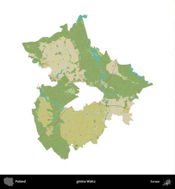 Walcz Komünü. Polonya idari bölgesi bir OpenStreetMap İnsani Haritası haritasında beyaza izole edildi