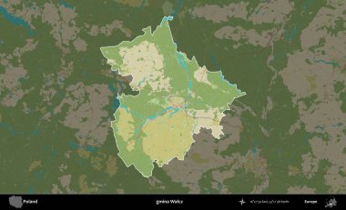 Walcz Komünü. Polonya 'nın idari alanı karanlık bir OpenStreetMap İnsani Haritası' na vurgulandı ve özetlendi
