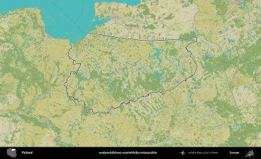 Warminsko-mazurskie Bölgesi. Polonya 'nın idari alanı bir OpenStreetMap İnsani Harita stil haritasında özetlendi