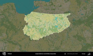 Warminsko-mazurskie Bölgesi. Polonya 'nın idari alanı karanlık bir OpenStreetMap İnsani Haritası' na vurgulandı ve özetlendi