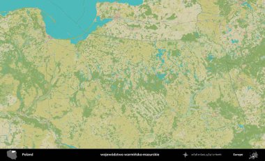Warminsko-mazurskie Bölgesi. Bir OpenStreetMap İnsani Haritası üzerinde Polonya 'nın idari alanı