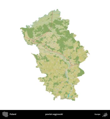 Wegrowski İlçesi. Polonya idari bölgesi bir OpenStreetMap İnsani Haritası haritasında beyaza izole edildi