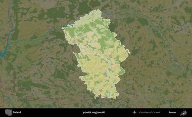 Wegrowski İlçesi. Polonya 'nın idari alanı karanlık bir OpenStreetMap İnsani Haritası' na vurgulandı ve özetlendi