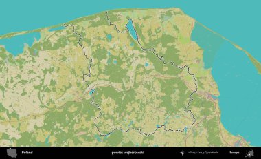 Wejherowski İlçesi. Polonya 'nın idari alanı bir OpenStreetMap İnsani Harita stil haritasında özetlendi