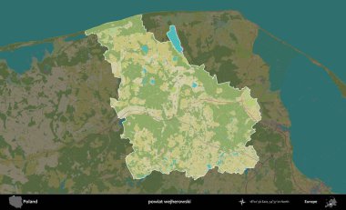 Wejherowski İlçesi. Polonya 'nın idari alanı karanlık bir OpenStreetMap İnsani Haritası' na vurgulandı ve özetlendi