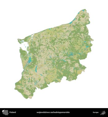 Zachodniopomorskie Eyaleti. Polonya idari bölgesi bir OpenStreetMap İnsani Haritası haritasında beyaza izole edildi