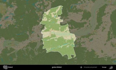 Wielen Komünü. Polonya 'nın idari alanı karanlık bir OpenStreetMap İnsani Haritası' na vurgulandı ve özetlendi