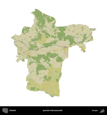 Wieruszowski İlçesi. Polonya idari bölgesi bir OpenStreetMap İnsani Haritası haritasında beyaza izole edildi