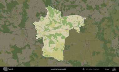 Wieruszowski İlçesi. Polonya 'nın idari alanı karanlık bir OpenStreetMap İnsani Haritası' na vurgulandı ve özetlendi