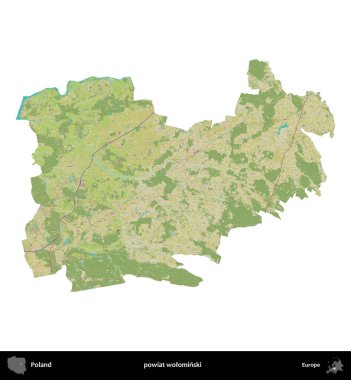 Wolominski İlçesi. Polonya idari bölgesi bir OpenStreetMap İnsani Haritası haritasında beyaza izole edildi