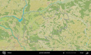 Wolominski İlçesi. Polonya 'nın idari alanı bir OpenStreetMap İnsani Harita stil haritasında özetlendi