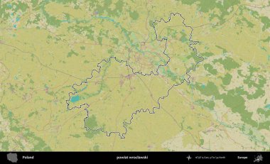 Wroclawski İlçesi. Polonya 'nın idari alanı bir OpenStreetMap İnsani Harita stil haritasında özetlendi