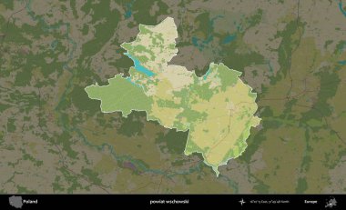 Wschowski İlçesi. Polonya 'nın idari alanı karanlık bir OpenStreetMap İnsani Haritası' na vurgulandı ve özetlendi