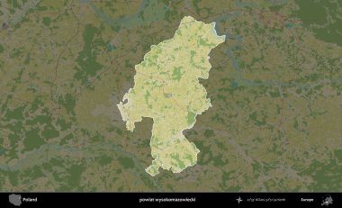 Wysokomazowiecki İlçesi. Polonya 'nın idari alanı karanlık bir OpenStreetMap İnsani Haritası' na vurgulandı ve özetlendi