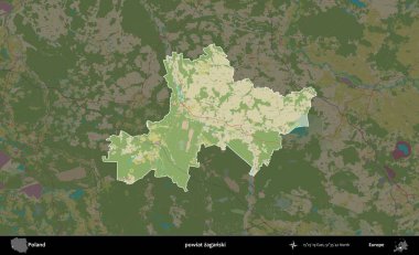 Zaganski İlçesi. Polonya 'nın idari alanı karanlık bir OpenStreetMap İnsani Haritası' na vurgulandı ve özetlendi