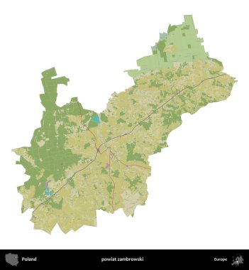 Zambrowski İlçesi. Polonya idari bölgesi bir OpenStreetMap İnsani Haritası haritasında beyaza izole edildi