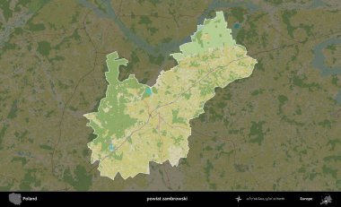 Zambrowski İlçesi. Polonya 'nın idari alanı karanlık bir OpenStreetMap İnsani Haritası' na vurgulandı ve özetlendi