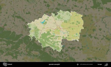 Zamojski İlçesi. Polonya 'nın idari alanı karanlık bir OpenStreetMap İnsani Haritası' na vurgulandı ve özetlendi