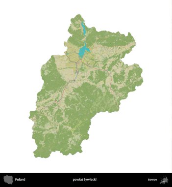 Zywiecki İlçesi. Polonya idari bölgesi bir OpenStreetMap İnsani Haritası haritasında beyaza izole edildi