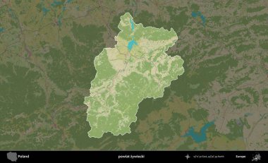 Zywiecki İlçesi. Polonya 'nın idari alanı karanlık bir OpenStreetMap İnsani Haritası' na vurgulandı ve özetlendi