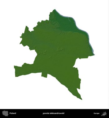 Aleksandrowski İlçesi. Polonya 'nın idari bölgesi renkli bir yükseklik haritasında beyaza izole edildi