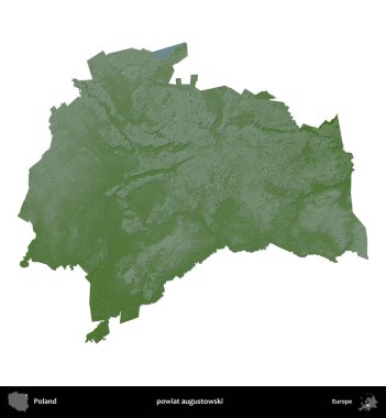 Augustowski İlçesi. Polonya 'nın idari bölgesi renkli bir yükseklik haritasında beyaza izole edildi