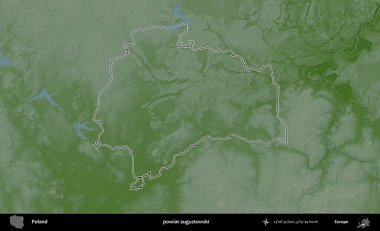 Augustowski İlçesi. Polonya 'nın idari bölgesi renkli bir yükseklik haritasında özetlendi